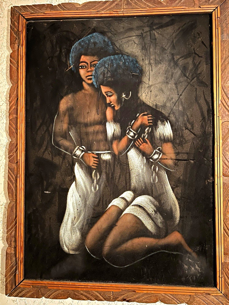 Vintage Framed Folk Art Painting – Man & Woman in Chains – Carved Wood Frame