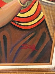 Market Harvest Women Colorful Textiles Gold Hoops Original Painting Signed Sal