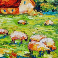original oil painting Irish Cottage Sheep Landscape Impasto wall art 8*8 inch