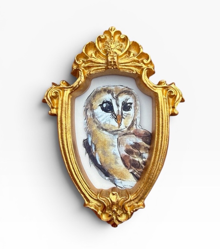 TEENY MINI • Owl 🦉 watercolor bird print in TINY ornate frame