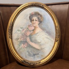 Vintage Painting Lady w Roses Ornate floral Oval Gold Wood Frame signed