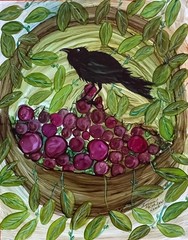 Original 11×14″ raven black Bird cherries painting by Lynne Kohler