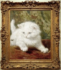 Vintage Oil Painting White Persian Kitten Cat Pet Portrait Antique Animals Art