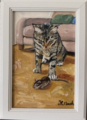 ORIGINAL OIL PAINTING TABBY CAT & MOUSE INDOOR SCENE SIGNED FRAMED 4×6