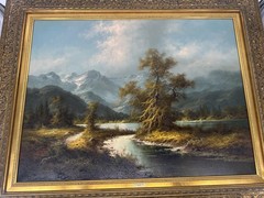 Ludwig Muninger Alpine Landscape Scene Oil Painting Framed 33″ x 41″
