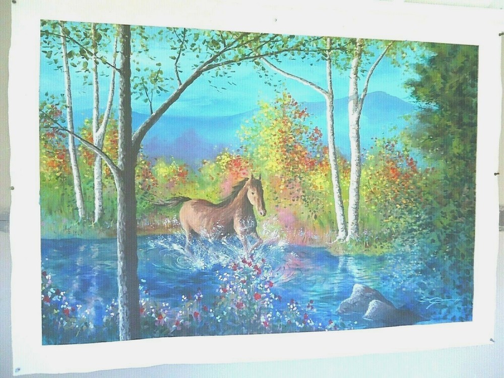 HORSE Canvas Painting „Cross the Stream“ 36″ x 53″ unstretched Steven G. Graff
