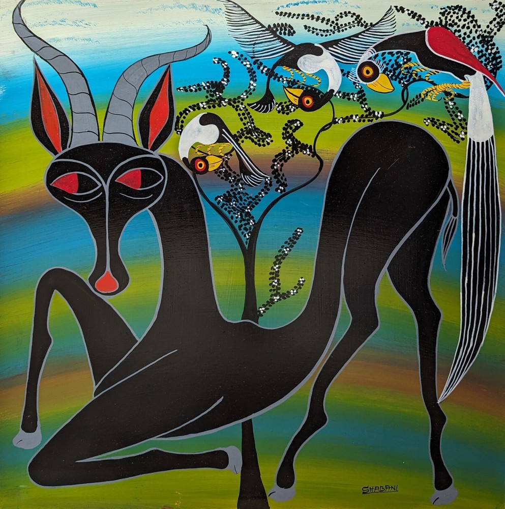 SHABANI’s KNEELING NIGHT-EYED GAZELLE Classic Tingatinga on board 2’x2′