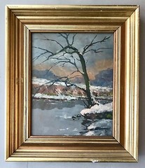 Original Signed O/B „FR“ Monogram 20th c Landscape Painting Tree at River Bank
