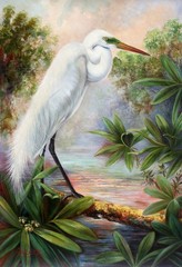 Animal Bird Egret Landscape Hand painted Oil Painting Wall Art Picture Home Deco