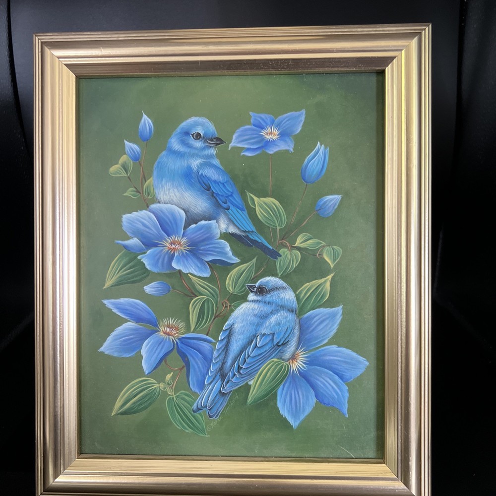 VTG Original Acrylic Art Painting Bright Blue&Flowers Birds signed Karen Hubbard