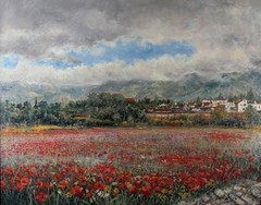 A Village View Through Fields of Poppies Vincent Paya Oil Painting c1980