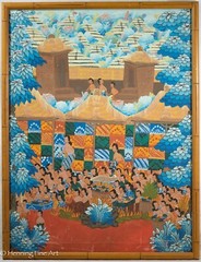 Beautiful Vintage Balinese Oil Painting Landscape with Figures, Bamboo Frame