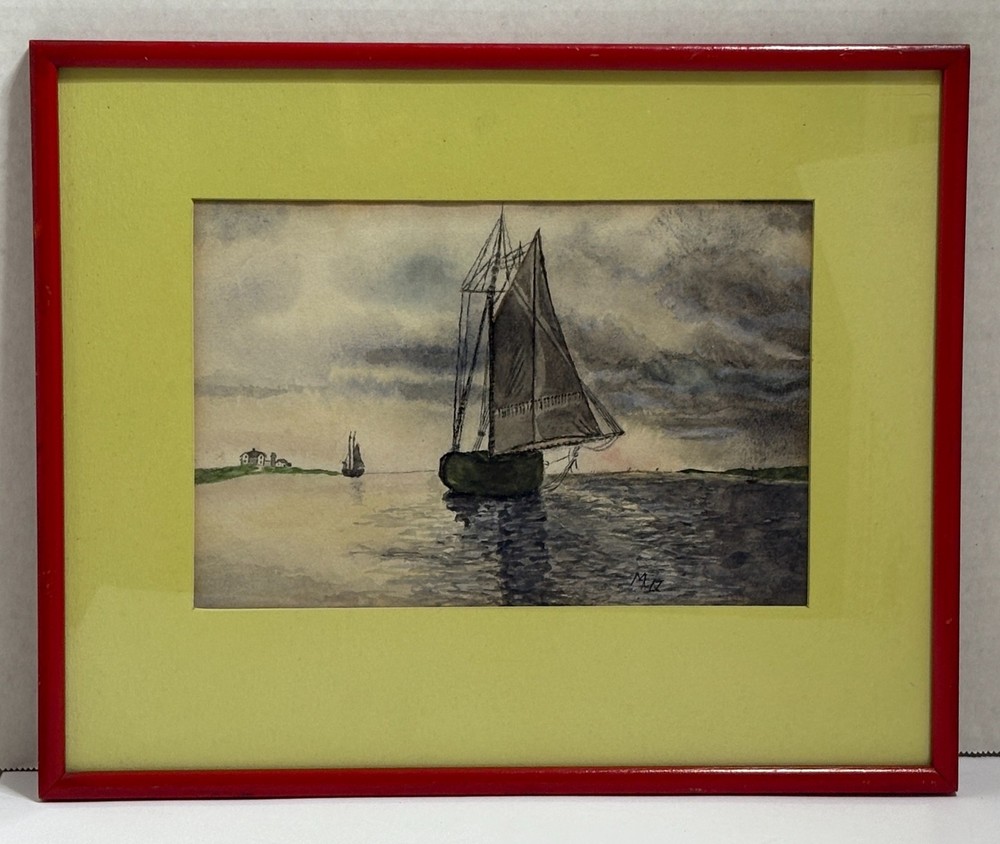 Vintage Framed Coastal Watercolor Seascape Sailboat Shorline 13.5″ x 11″
