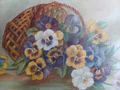 ANTIQUE 19th CENTURY VICTORIAN PANSY BASKET FLOWERS FLORAL OIL PAINTING