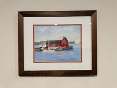 Coastal Harbor Watercolor Painting Signed Joanne Jones Nautical Red Boathouse