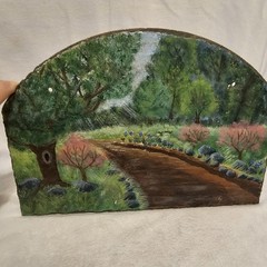 Vintage Hand Painted Slate Walking Path And Flowers Scene Landscape 13×9.5in