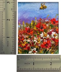 Original Oil Painting Poppy Field Wildflowers Impasto Mini Art 3×2.5in Signed OS