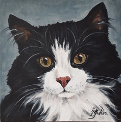 Fluffy Black and White Cat Original Oil Painting 8 by 8 Cat Green Eyes Fine Art