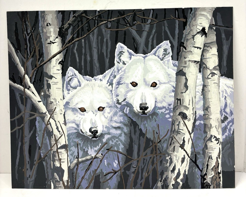 Vintage Paint By Numbers Painting of 2 White Wolves Birch Trees 16×20 Unframed