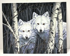 Vintage Paint By Numbers Painting of 2 White Wolves Birch Trees 16×20 Unframed