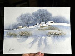 Minimalism Winters cozy shelter mountain holiday Christmas Original painting