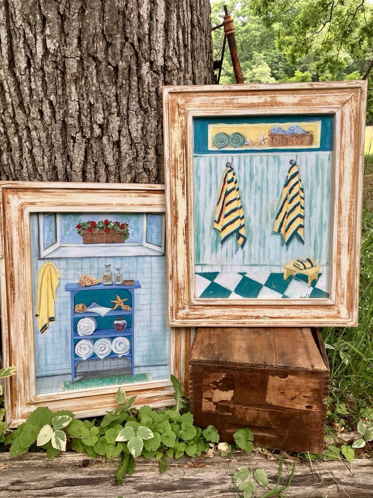 Cottage Bathroom Art – Set of 2 Signed Mixed Media Paintings by Carol L. Walker