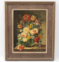 Ludwig Deffner 15×19 Antique Oil Painting Still Life Flowers in Vase with Snail
