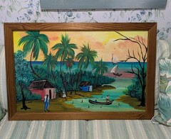 Vintage Frame 26×38 Dominican Republic Tropical Island Oil Painting On Wood