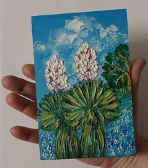 Framed Texas Landscape Yuccas Bluebonnets Art 4×6” Impasto Oil Painting Original