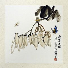 Original Chinese Ink Painting Butterfly Snail Nature Framed Asian Wall Art