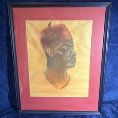 MCM 1970s Pastel Portrait African Man W/ Red Fez Large Original Framed Painting