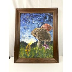 VTG Colorful Trippy Mushroom Acrylic Painting 1970’s Landscape 21″x 27.5″