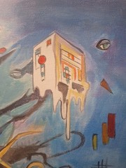 Original Signed 9×12 Bold Owl Machine Acrylic Expressionist Art On Paper