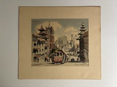 Frank Serratoni 1950s Watercolor Painting San Francisco Cable Car Chinatown