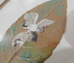 HAND PAINTED LEAF ~ PICTURE w WOODEN FRAME ~ asian artwork art Bird Stork Crane