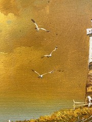 Orginal Oil Painting Signed Lighthouse Landscape Wood Frame Linen Matting