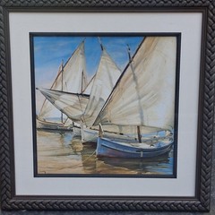 “Violet Boat” By Juame Laporte Sailboat, Seascape, Realism, Blue, Tan, cream