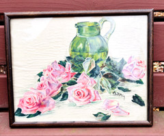 Antique Painting Roses Pitcher Art Framed Linen Cloth? 19″ x 15 1/4″Pink Green