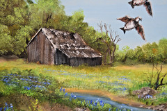 Texas Hill Country Oil Painting Landscape River Ducks Birds Cabin Creek Vintage