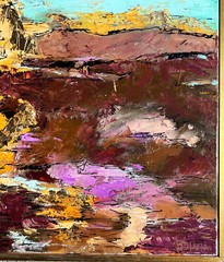 ABSTRACT MODERNIST LANDSCAPE PAINTING W/ GOLD LEAF SIGNED DIANA MULDER? 24″