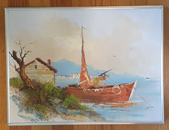 Original Acrylic Painting Signed Framed Cottage Boat Lake Retro Vibe 16″ x 12″