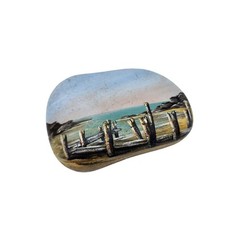 VTG Marvis Signed Ocean Beach Pier Sunset Seascape Hand Painted Rock Nautical