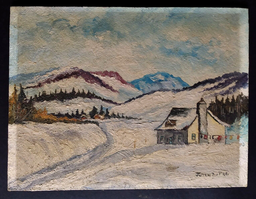 Antique Primitive Folk Art Winter Landscape Painting Signed J Dupre Oil on Board