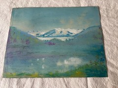 Vintage Pastel Watercolor Landscape Painting Snow Mountains Framed 10×13”