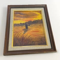 Vintage Fly Fisherman Oil Painting Hand Painted Signed Vivian Foster Framed