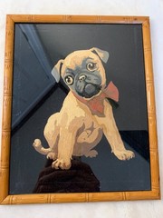 Rare Vintage Paint by Number Pug Puppy Red Bow on Black Velvet Collectible