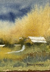 Pamela Wilhelm 4”X6” Original Watercolor On Tea Stained Paper Autumn Trees Barn