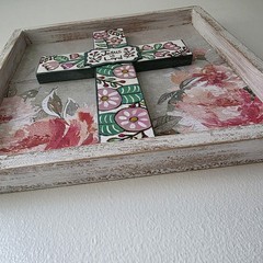 Folk Art ORIGINAL Christian Cross Jesus is Lord White Shabby Chic Pink Flowers