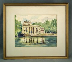 Large Polish Watercolor Painting Lazienki Palace Warsaw Poland By Henryk Sajdak