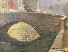 August Lemmer Oil Painting of a Belgian Canal with Bridge, Probably in Bruges